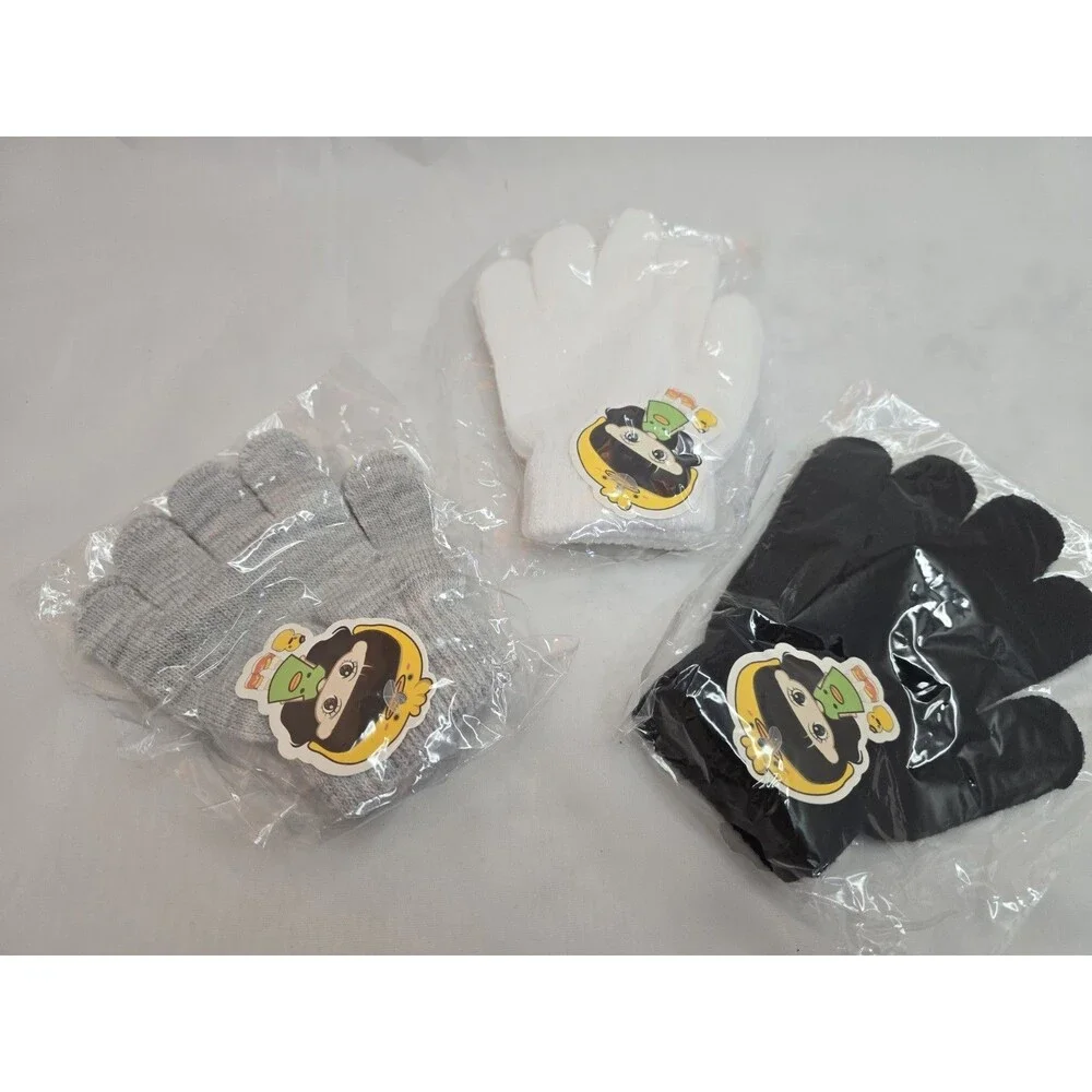 Lot of 3 New Kids Girls Knit Winter Gloves Stretch Black Gray White One Size